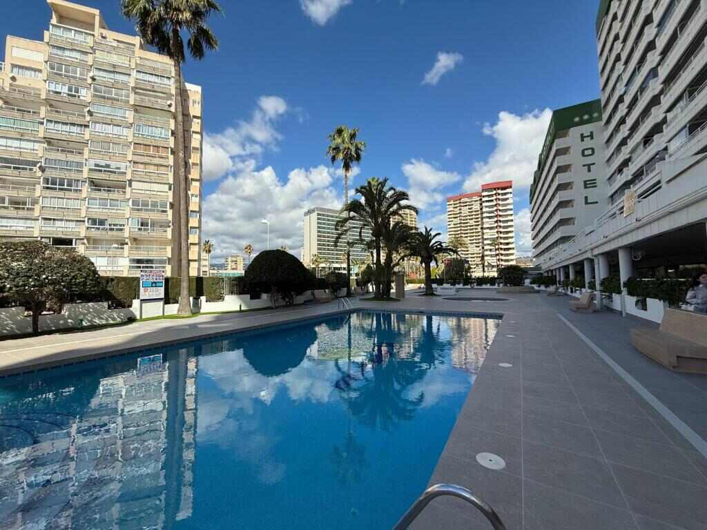 Outdoor swimming pool with palm trees at the Esmeralda building
